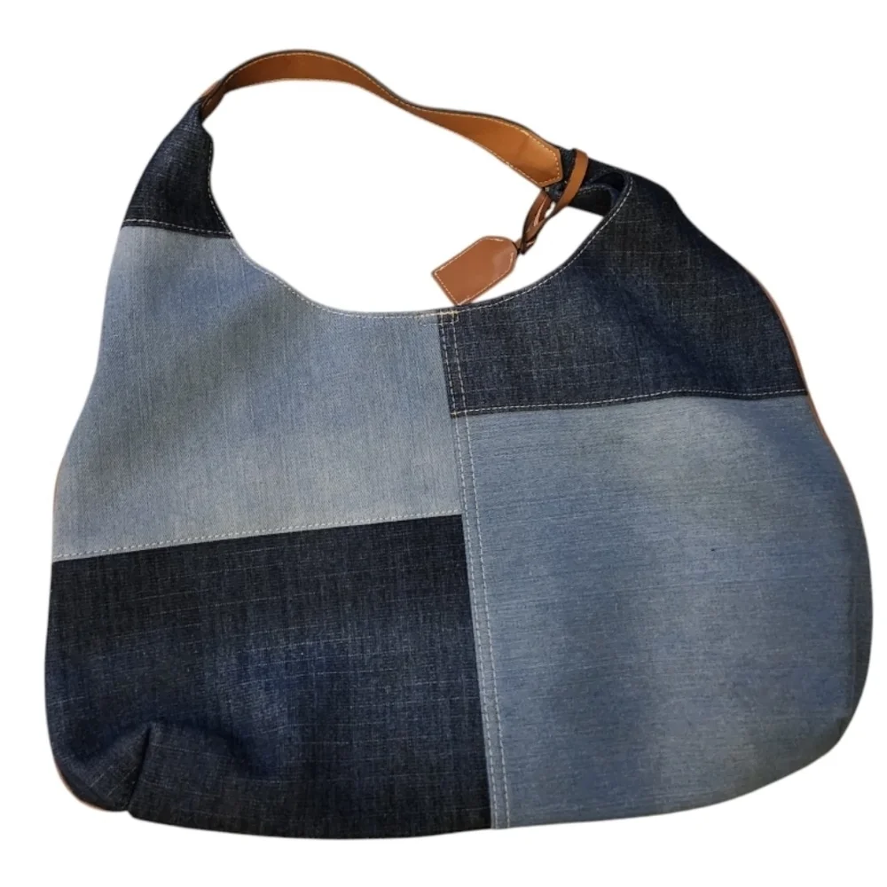 True Religion Blue and Tan Denim Buddha Bag